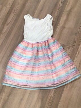 Place Girls White Tank Dress with Pastel Striped Skirt